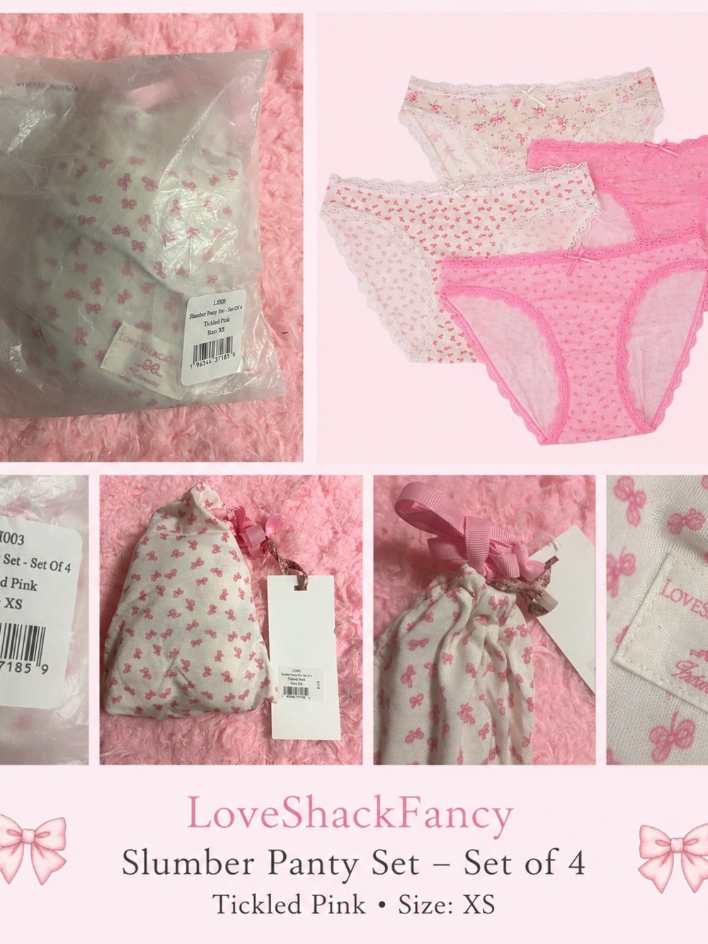 🌸🎀 LoveShackFancy Tickled Pink Floral & Heart Cotton Panty Set — Set of 4 🎀🌸